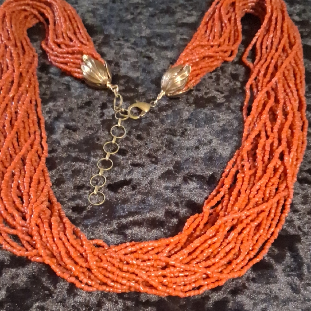 Vibrant Coral Beaded Necklace 32 +2 In Long Brassy Gold Clasp